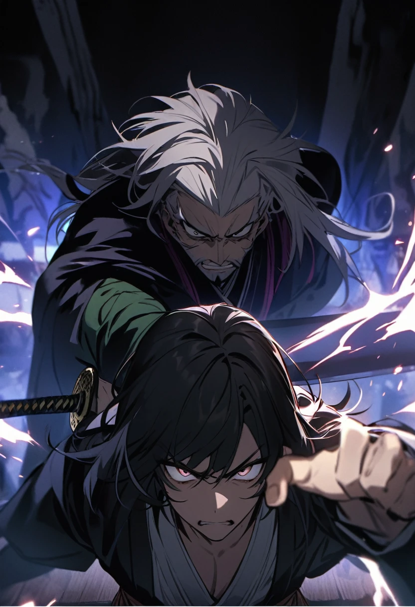 a close up of a person holding a katana in a dark room, evil male sorcerer, portrait of samurai, handsome guy in demon slayer art, dark cloaked necromancer, musashi miyamoto, standing, fighting stance, looking at the viewer, front camera, eye level, handsome, beard, long hair, angry expression, drawing sword pose, a man holding his sword at his side, closed fist holding takana