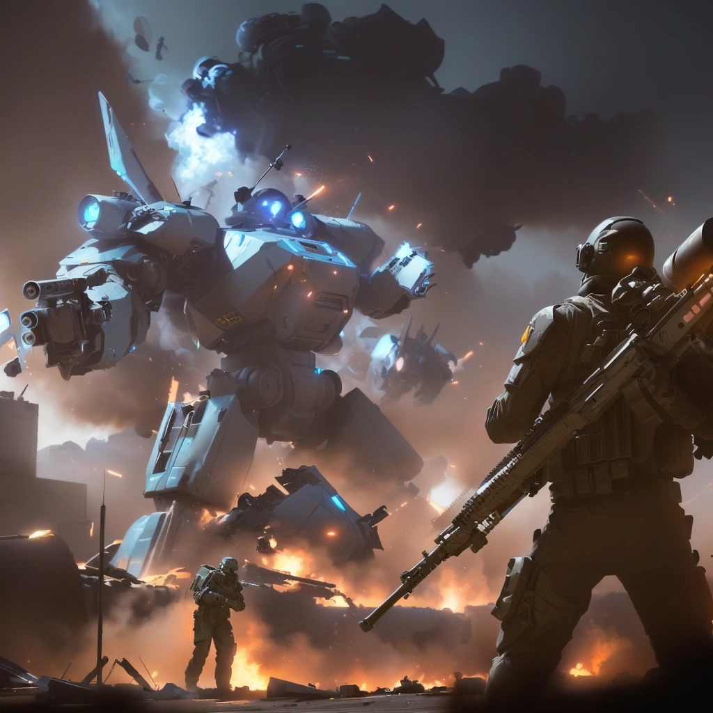 arafed image of a man with a gun and a machine gun in front of a building, soldiers and mech fight, mech machines firing bullets, futuristic battlefield, war mechs fighting, fps game concept art, high quality digital concept art, mech concept art, battletech style, concept art wallpaper 4k, 4 k concept art, 4k concept art