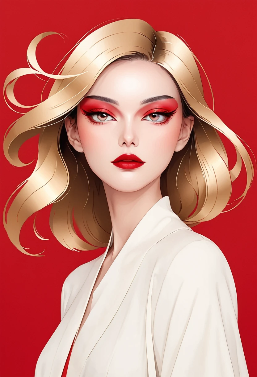 a flat illustration of a fashion girl, exaggerated pose,sapphire red vs gold cloth and hair,minimalist art,pure klein red background, in the style of suprematism ,elegant Shanghai woman,beautiful eyes,long eyelashes,red lips,random shots,smooth lines, pure white background, minimalist, ethereal Zen, high definition