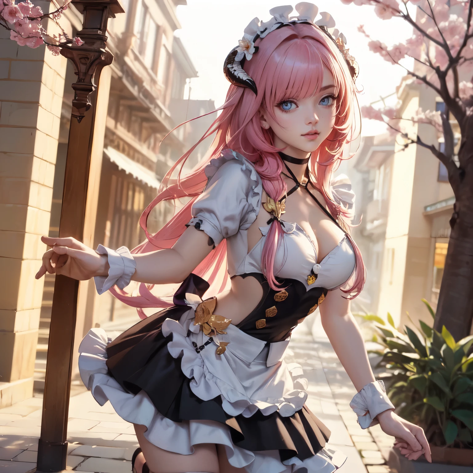  long hair, pink hair, red horns, long flowing hair, floating hair, ornament hair, perfectly body, perfectly hands, dark pink rose on hair, maid, maid dress, maid headdress, maid apron, white apron, on street, petals in the air, blossom peach tree, centered girl, maid dress, red dress, more details on her clothes, dress with transparency, golden details, daylight, smiling, cape, ((4k, masterpiece, top-quality)),8k, best quality, high resolution, HD, (illustration:0.8), super cute girl, delicate and beautiful face, 1girl, solo, mature girl, super cute hairstyle, (beautiful detailed eyes:1.6), extremely detailed face, perfect lighting, extremely detailed CG, (perfect hands, perfect anatomy), Best quality, cleavage, small skirt, full Body,