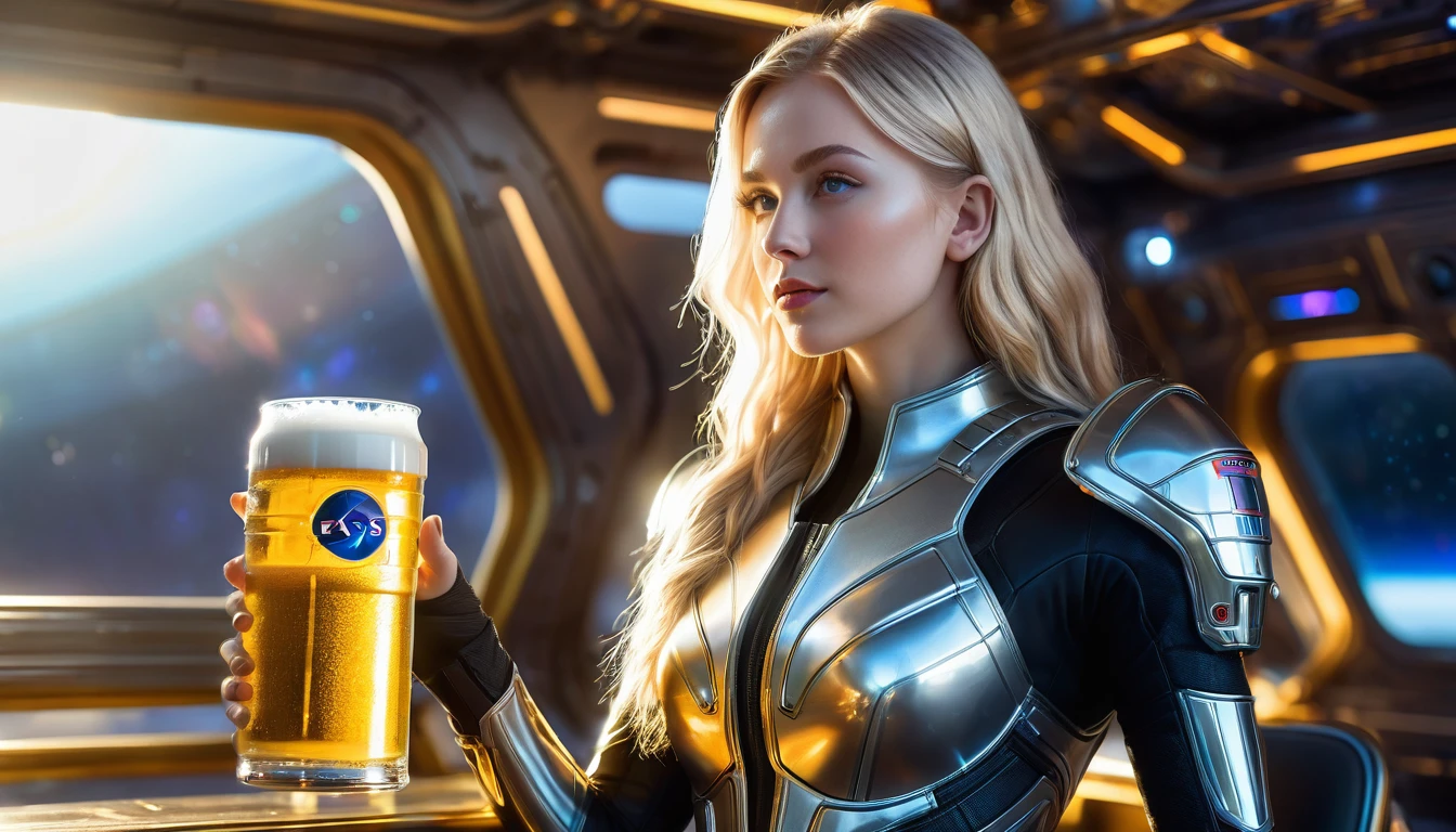 a beautiful 21 yo Oslo Norway woman with long blond hair wearing a Venusian military battle suit next to gold and chrome Venusian spacecraft drinking a futuristic beer, intricate detailing, HDR, vibrant contrast, 32k resolution, luminism lighting techniques, ultra-realistic digital render, bokeh, mass effect, close up black, beauty, pure perfection, divine presence, unforgettable, impressive, breathtaking beauty, Volumetric light, auras, rays, 8k uhd, dslr, soft lighting, high quality, natural textures 8k masterpiece canon eos r4s 50