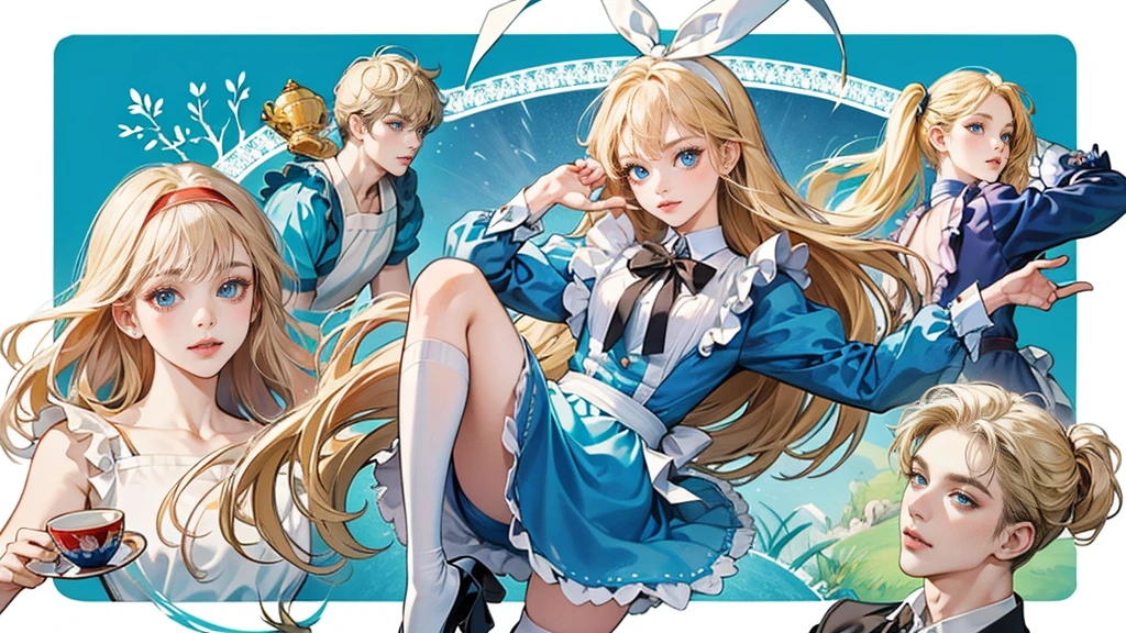 masterpiece, Highest quality, Portraiture, 1 Girl, (Alice in Wonderland:1.2), Blue clothes, White apron, Blonde, blue eyes, Usagi, Trump, Tea cup, White lace thigh high socks, Miniskirt lift, Half Body, Dynamic pose