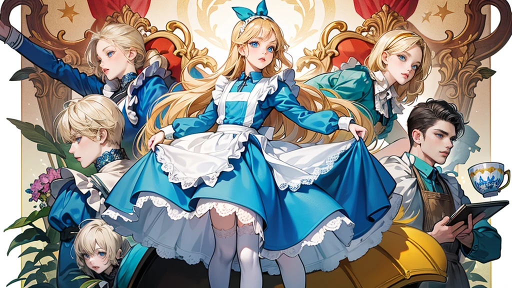 masterpiece, Highest quality, Portraiture, 1 Girl, (Alice in Wonderland:1.2), Blue clothes, White apron, Blonde, blue eyes, Usagi, Trump, Tea cup, White lace thigh high socks, Miniskirt lift, Half Body, Dynamic pose