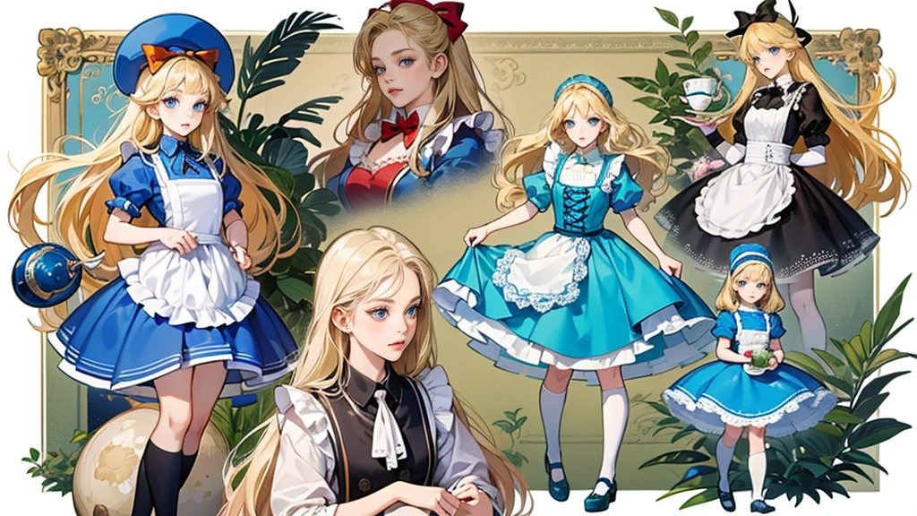 masterpiece, Highest quality, Portraiture, 1 Girl, (Alice in Wonderland:1.2), Blue clothes, White apron, Blonde, blue eyes, Usagi, Trump, Tea cup, White lace thigh high socks, Miniskirt lift, Half Body, Dynamic pose