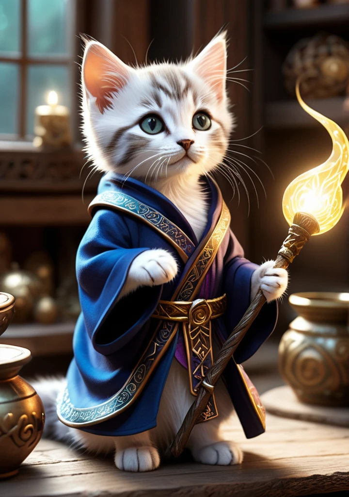 An enchanting image featuring an adorable kitten wizard wearing intricate ancient robes, holding an ancient staff, hard at work in her fantastical workshop, intricate runic symbols swirling around her, it's clear she's busy casting a powerful spell. Her fluffy tail gently wags as she focuses on the task at hand, adding to the whimsical atmosphere of this magical scene. The soft lighting and detailed environment create an immersive environment where imagination runs wild. This enchanting work of art is sure to delight fans of kittens and fantasy worlds, transporting them to a realm full of wonder and possibility, hyper-detailed, high-quality visuals, dim lighting, ultra-realistic, sharply focused, color rendering octane, 8k hd