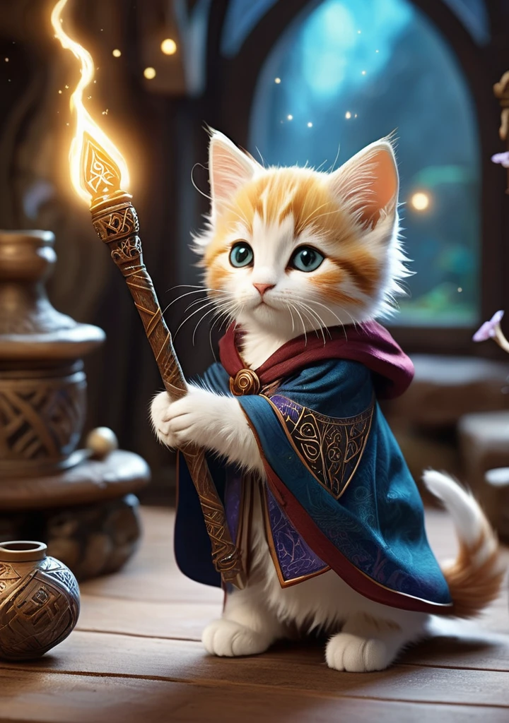 An enchanting image featuring an adorable kitten wizard wearing intricate ancient robes, holding an ancient staff, hard at work in her fantastical workshop, intricate runic symbols swirling around her, it's clear she's busy casting a powerful spell. Her fluffy tail gently wags as she focuses on the task at hand, adding to the whimsical atmosphere of this magical scene. The soft lighting and detailed environment create an immersive environment where imagination runs wild. This enchanting work of art is sure to delight fans of kittens and fantasy worlds, transporting them to a realm full of wonder and possibility, hyper-detailed, high-quality visuals, dim lighting, ultra-realistic, sharply focused, color rendering octane, 8k hd