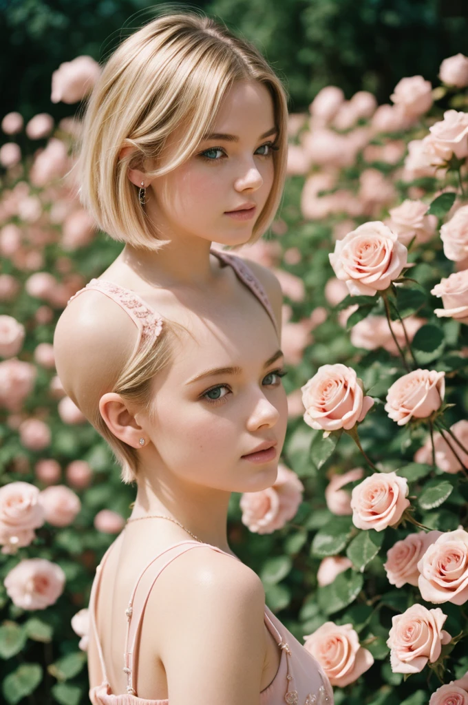 8k, photo and gross, fujifilm, Style photography of a beautiful young girl like Avril in a light pink rose garden. (very detailed skin: 1.2) Style-Petal BREAK short hair, blonde hair with colored highlights, wearing a dress, film grain, 35mm, beautiful style