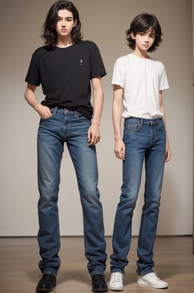 I want you to make a cartoon style image of a tall 15 year old boy, with a and jeans, He has medium wavy masculine hair