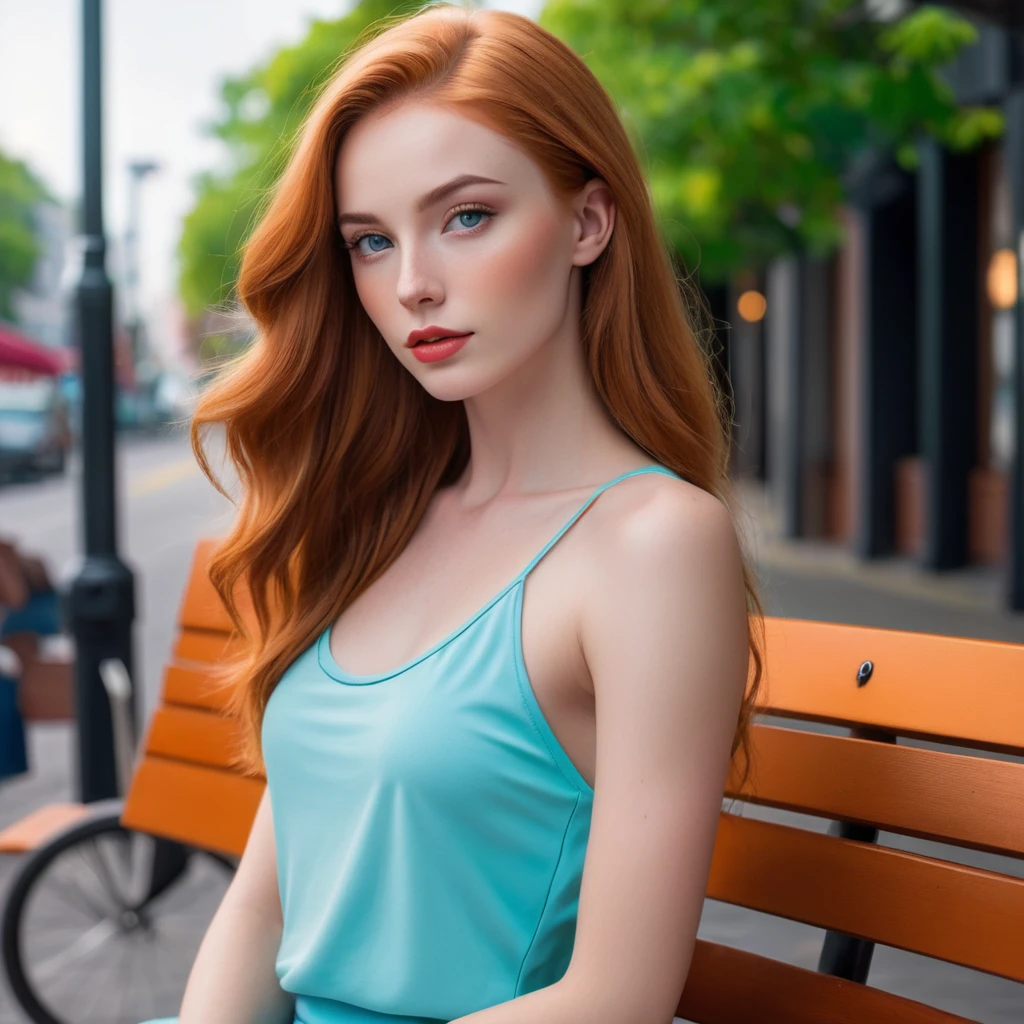 Stacey, A tall, young woman,epiC35mm, 22 years old, with long shoulders, athletic, lanky female, a strong build and long, freckles, strawberry blonde hair, freckles. Her skin is pale, toned arms, and a muscular midsection. long legs, She has small breasts, well defined chest, and soft thighs, giving her a delicate and graceful appearance. Her overall look is average in terms of attractiveness, with features that blend in rather than stand out, sitting on a park bench, asymmetrical, bodycon,skirt, Tank top , minimalist art, abstract, bold colors, 1girl, beautiful detailed eyes, beautiful detailed lips, extremely detailed face, long eyelashes, portrait, digital painting, oil painting, acrylic, vibrant colors, vivid colors, high contrast, dramatic lighting, cinematic lighting, dramatic shadows, minimalist background, geometric shapes, clean composition, surreal, dreamlike, impressionistic, hyperrealistic, photorealistic, 8k, highres, best quality, masterpiece, symmetrical