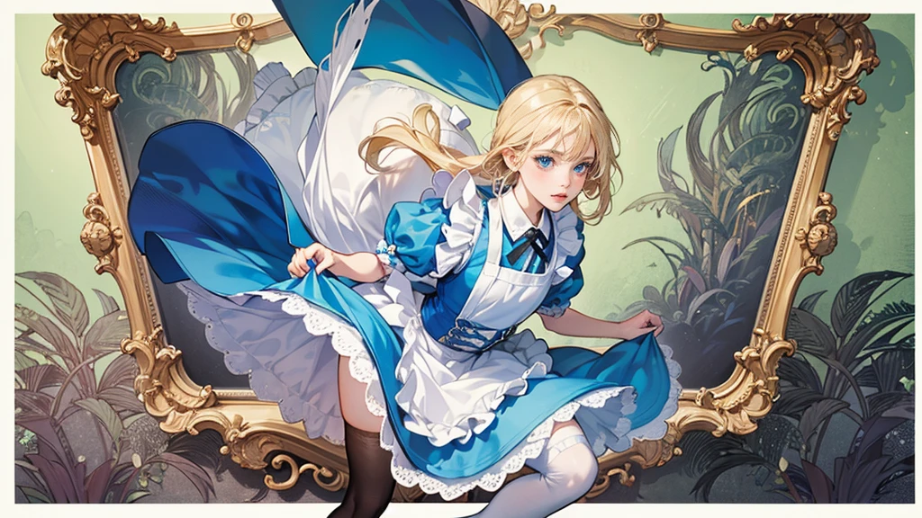 masterpiece, Highest quality, Portraiture, 1 Girl, (Alice in Wonderland:1.2), Blue clothes, White apron, Blonde, blue eyes, Usagi, Trump, Tea cup, White lace thigh high socks, Miniskirt lift, Half Body, Dynamic pose