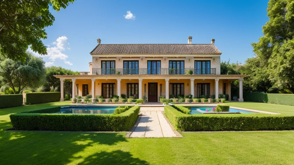 Luxurious country house with garden, Mexican style on a striking summer day with blue sky. nature, Beautiful residential area house. a young girl in the garden, Real Estate. - High Resolution Image
