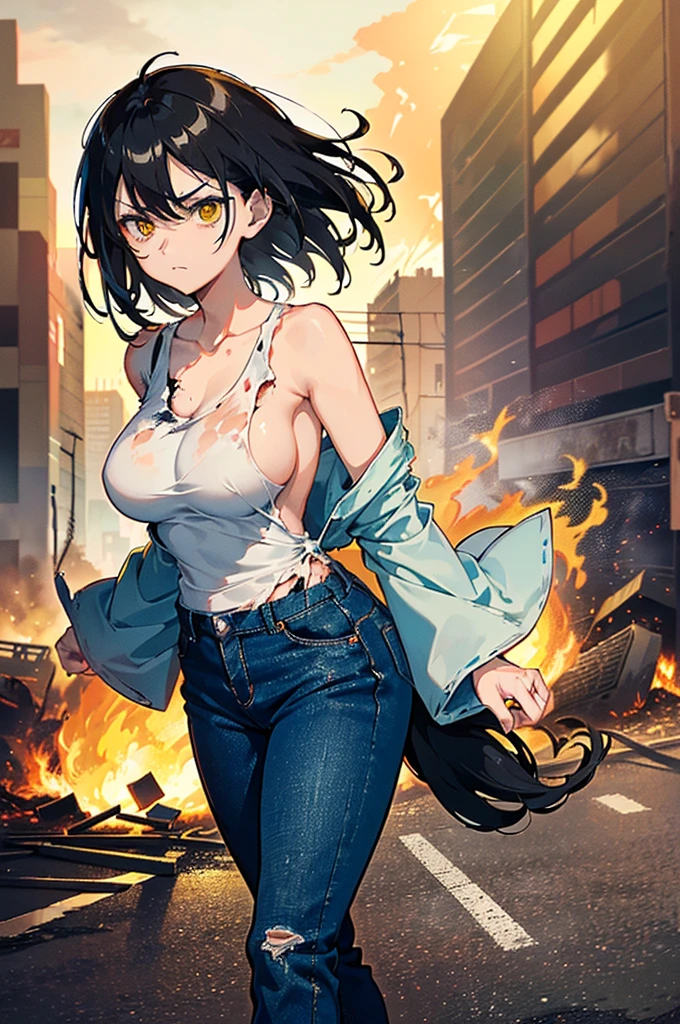 ((1 GIRL)) ((2d anime girl)), ((Japanese)) (( physically mature female)) (( somewhat large breasts)), 25-year-old, ((2d anime girl)), ((short dark-haired)), ((windswept hair)) ((ultra high quality))((flawless))((4k UHD)) ((Best Quality)) ((Daytime)) ((eyes glowing yellow )), wearing a ((black long sleeve shoulderless, blank T-shirt))((no logo)) wearing ((blue jeans)) and black and yellow sneakers with (((blood splattered))) on it and her face, standing in the street ((facing front and center toward the camera)) in a ((ruined city)) filled with ((heavily damaged)) and worn (( tall skyscrapers with gaping holes in their structures while on fire)) and ((crushed vehicles on fire)) and small and ((raging fires all around)) and an ((intimidating)) look on her face, with a giant monster kaiju-beast in the distance looking furocious.