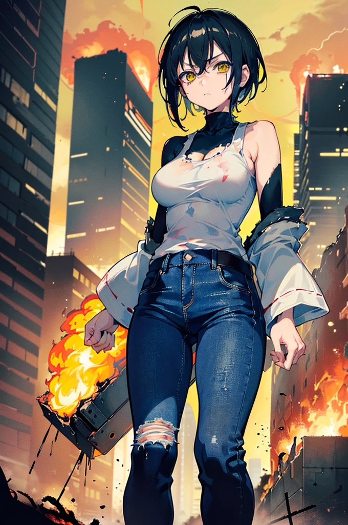 ((1 GIRL)) ((2d anime girl)), ((Japanese)) (( physically mature female)) (( somewhat large breasts)), 25-year-old, ((2d anime girl)), ((short dark-haired)), ((windswept hair)) ((ultra high quality))((flawless))((4k UHD)) ((Best Quality)) ((Daytime)) ((eyes glowing yellow )), wearing a ((black long sleeve shoulderless, blank T-shirt))((no logo)) wearing ((blue jeans)) and black and yellow sneakers with (((blood splattered))) on it and her face, standing in the street ((facing front and center toward the camera)) in a ((ruined city)) filled with ((heavily damaged)) and worn (( tall skyscrapers with gaping holes in their structures while on fire)) and ((crushed vehicles on fire)) and small and ((raging fires all around)) and an ((intimidating)) look on her face, with a giant monster kaiju-beast in the distance looking furocious.