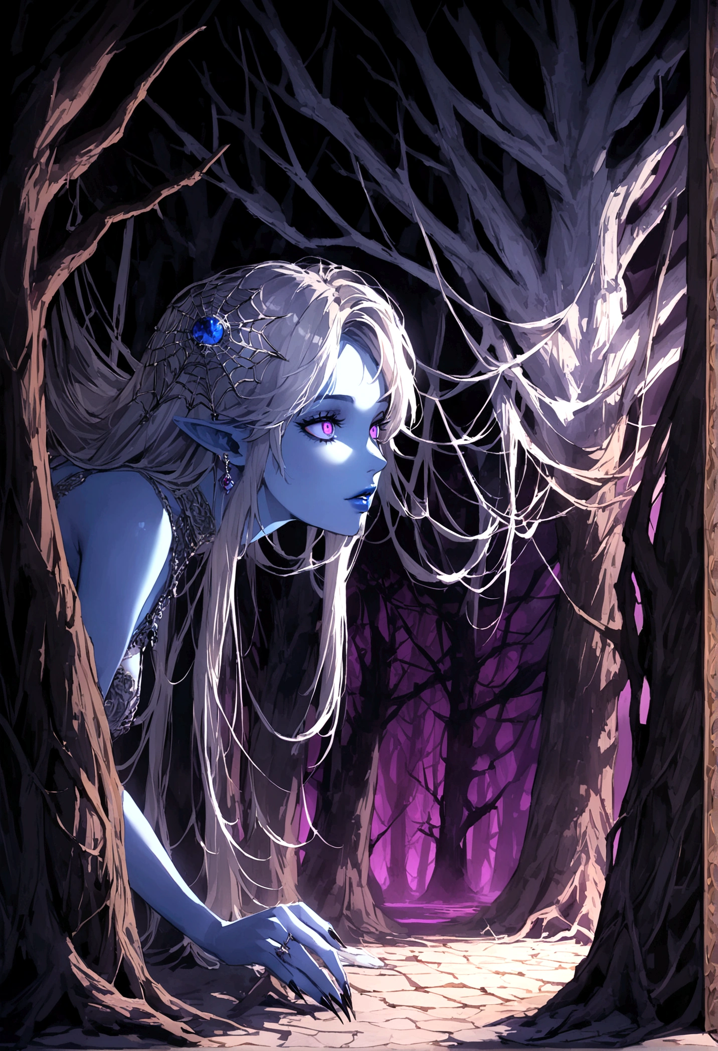 (Seductive nightmare)(Hyper realism)(Realistic fantasy)A moon elf greatly resembling Paris Hilton (age 25, psycho mouth full of jagged razor sharp teeth, long razor sharp finger nails, blue skin, violet eyes, silver hair, sheer spider silk lingerie(over exposed), silver body jewelry) is walking through a spider infested haunted woods, webs obscure the moon and carpet the ground. Immense webs and spiders in the tree tops.
