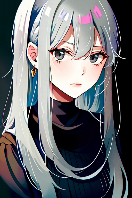 young girl with long light grey hair, grey eyes and has an apathetic expression