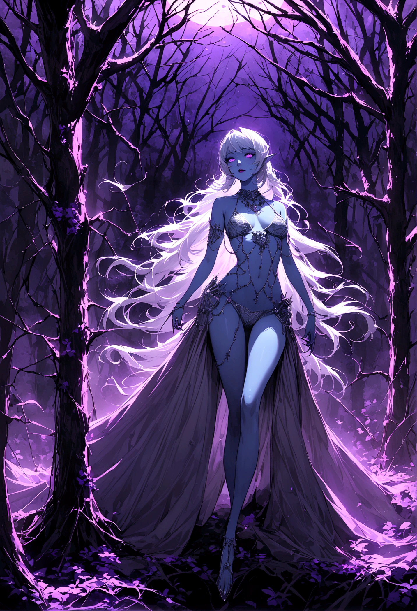 (Seductive nightmare)(Hyper realism)(Realistic fantasy)A moon elf greatly resembling Paris Hilton (age 25, psycho mouth full of jagged razor sharp teeth, long razor sharp finger nails, blue skin, violet eyes, silver hair, sheer spider silk lingerie(over exposed), silver body jewelry) is walking through a spider infested haunted woods, webs obscure the moon and carpet the ground. Immense webs and spiders in the tree tops.