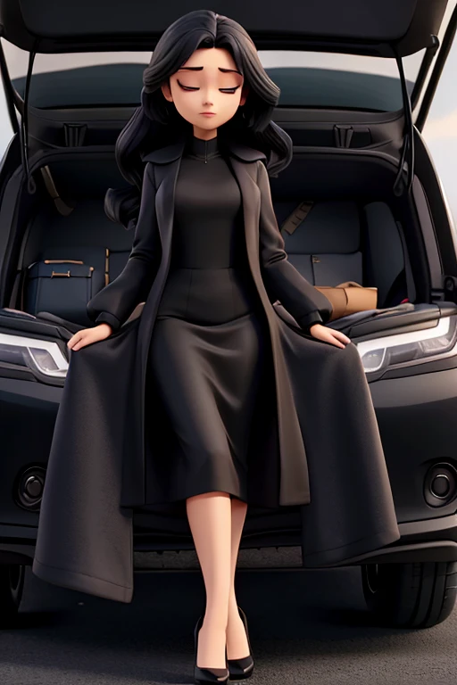 woman with a long black jacket and long heels with black gloves and a black dress with a man sleeping with his eyes closed in the trunk of his car