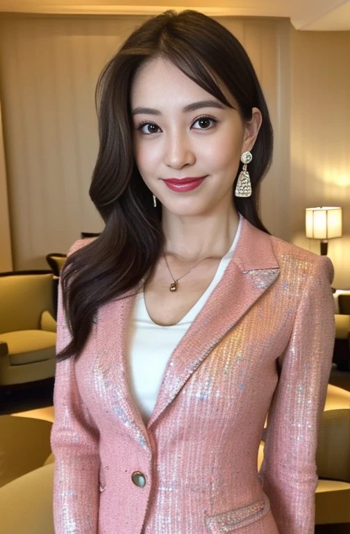 (8K, RAW Photos, Highest quality, masterpiece:1.2),(Elegant pink tweed jacket),whole bodyのポートレート,(clear),(Straight Hair),(Black Hair),(Japanese),Female politicians,Smile,Big black eyes,Lip gloss,Necklace facing forward,(Standing upright and at attention),Stiletto heels,(Luxury hotel lounge:1.5),(whole body:1.5),(Cute face:1.3),(High heels:1.3),(Big Hips 1.3),(Medium thighs:1.3),(Pink lips),(Fine skin:1.3),(Accurate and perfect human anatomy:1.3),(Exquisite and perfect features:1.3), (Long eyelashes:1.3),(lips are shiny and、Textured:1.3),(Earrings:1.3),(Beautiful fine details),(Graceful Face:1.3),Look straight at the camera:1.3