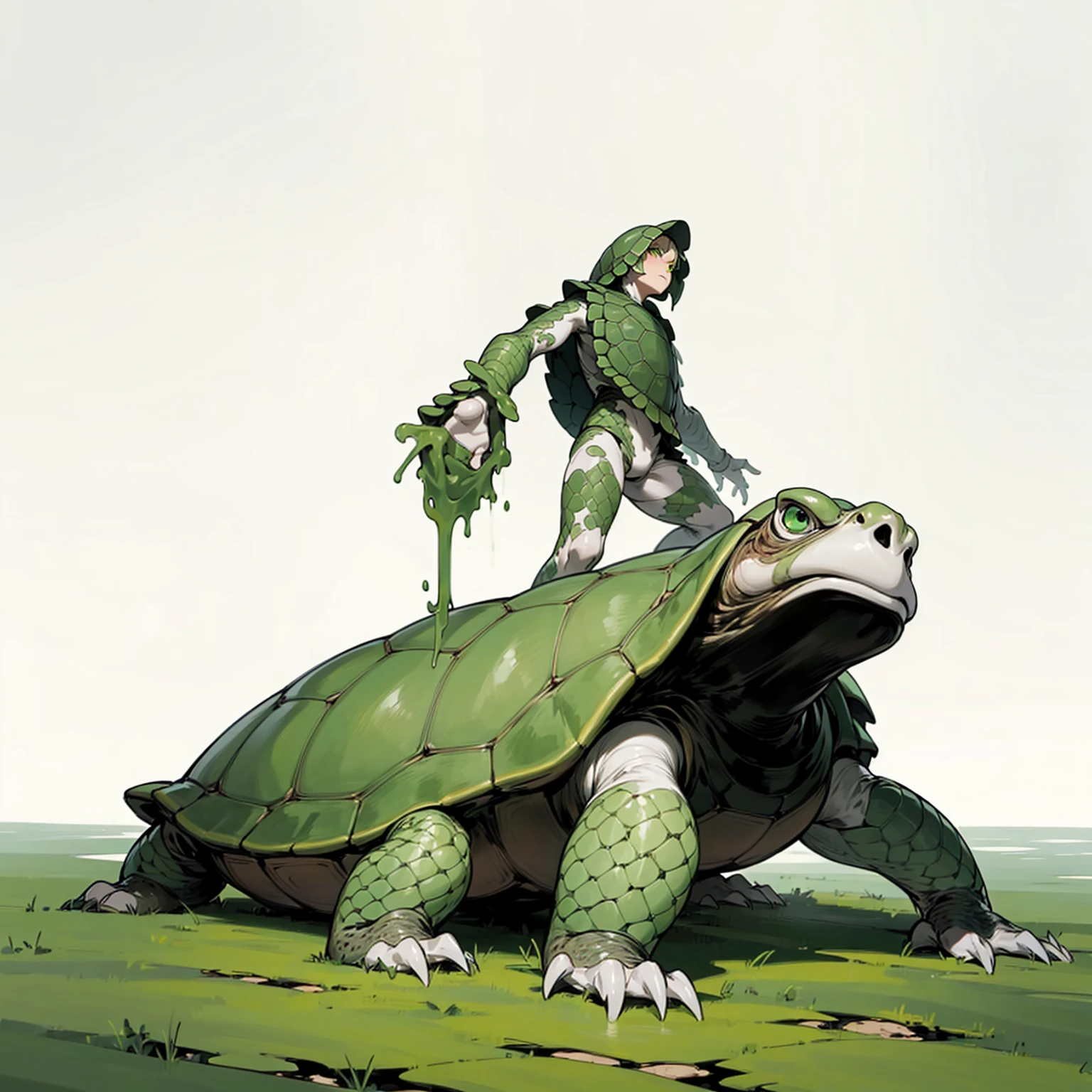 (Random Evolution, Colossal Titan mixed with turtle), full body version, full black and white colour skins, (green eyes), (Grassroots oil), no background, Oil, slimy floor