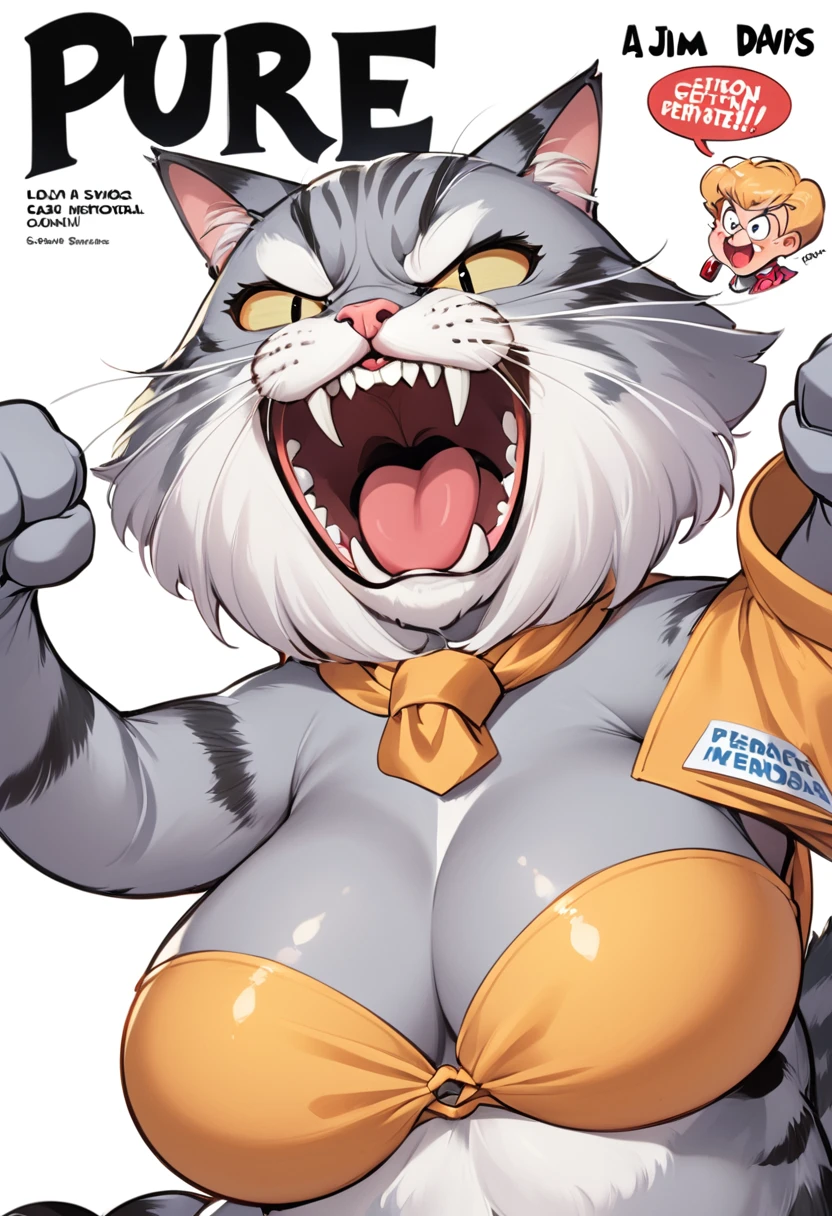 Jim Davis cartoons, A humor and Expressive cartoon of an angry grey cat, permanent,Pure white background, humor, Expressive, angry, Gray--ar 3:4-6.0