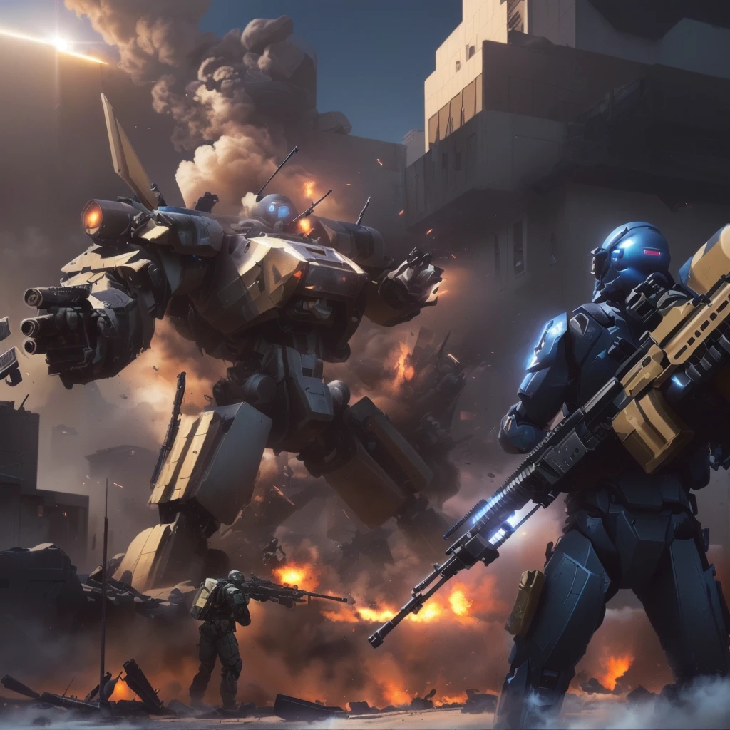 arafed image of a man with a gun and a machine gun in front of a building, soldiers and mech fight, mech machines firing bullets, futuristic battlefield, war mechs fighting, fps game concept art, high quality digital concept art, mech concept art, battletech style, concept art wallpaper 4k, 4 k concept art, 4k concept art