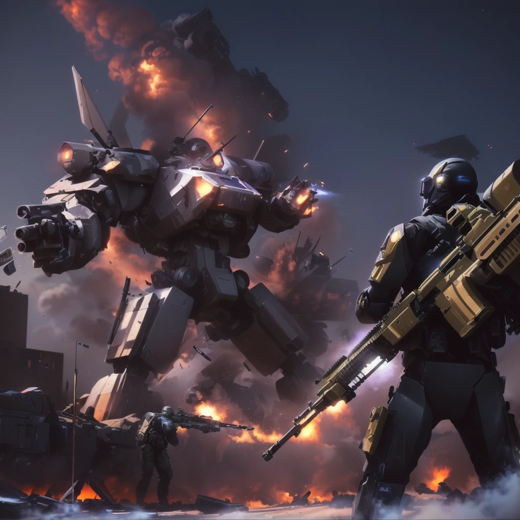 arafed image of a man with a gun and a machine gun in front of a building, soldiers and mech fight, mech machines firing bullets, futuristic battlefield, war mechs fighting, fps game concept art, high quality digital concept art, mech concept art, battletech style, concept art wallpaper 4k, 4 k concept art, 4k concept art