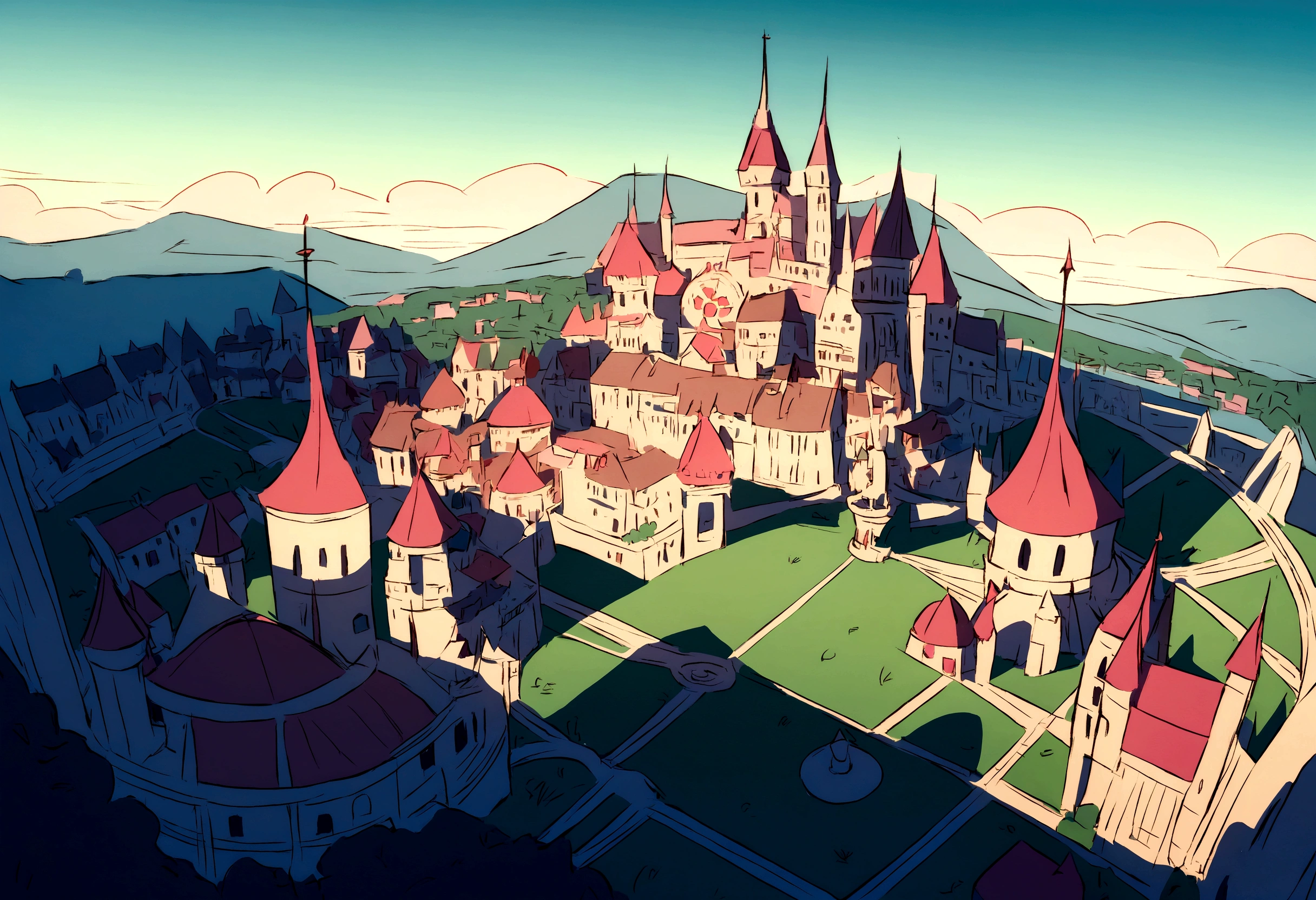 Make the background a city in the style of the cartoon series Gravity Fallas and Star vs the Forces of Evil with an aerial view