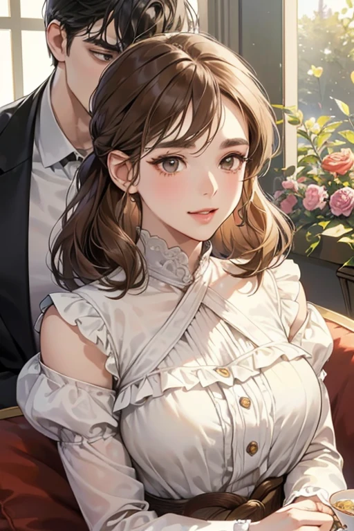 (table top, digital illustration, 4k, 8k, super detailed, beautiful images, clear image,  perfect face, perfect lines, perfect eyes, soft lighting) 1 female, (light brown hair,chignon hair,innocent look,droopy eyebrows,droopy eyes、With a round face,round chin、innocence,cute,Big eyes,natural makeup,smile gently,E cup,23 years old:1.3),Two handsome men in suits, (human,man wearing a suit,muscular,solid shoulder width,  boyish hairstyle,A man in his 30s with a cool expression,28 year old man with a bright smile:1.2),garden full of light、lots of flowers、squirt、colorful flower light,(embarrassing,shy smile:1.2),resort sofa,kiss、カップルkiss、romance porn、male and female couple looking at each other、In a fight、Afternoon tea、lunch
