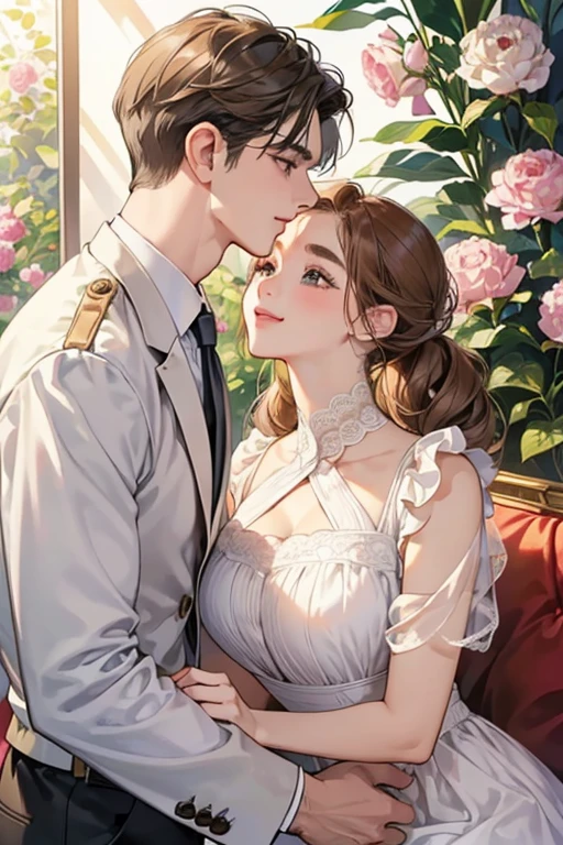 (table top, digital illustration, 4k, 8k, super detailed, beautiful images, clear image,  perfect face, perfect lines, perfect eyes, soft lighting) 1 female, (light brown hair,chignon hair,innocent look,droopy eyebrows,droopy eyes、With a round face,round chin、innocence,cute,Big eyes,natural makeup,smile gently,E cup,23 years old:1.3),Two handsome men in suits, (human,man wearing a suit,muscular,solid shoulder width,  boyish hairstyle,A man in his 30s with a cool expression,28 year old man with a bright smile:1.2),garden full of light、lots of flowers、squirt、colorful flower light,(embarrassing,shy smile:1.2),resort sofa,kiss、カップルkiss、romance porn、male and female couple looking at each other、In a fight、Afternoon tea、lunch