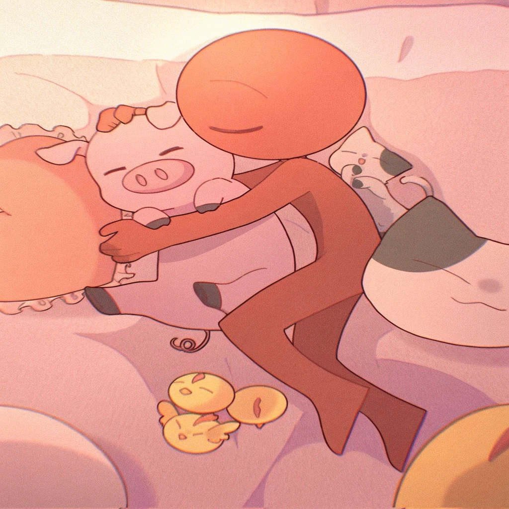 Red stickman sleeping whit a pig, a kitten and tree little yellow duck
