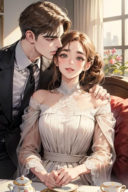 (table top, digital illustration, 4k, 8k, super detailed, beautiful images, clear image,  perfect face, perfect lines, perfect eyes, soft lighting) 1 female, (light brown hair,chignon hair,innocent look,droopy eyebrows,droopy eyes、With a round face,round chin、innocence,cute,Big eyes,natural makeup,smile gently,E cup,23 years old:1.3),Two handsome men in suits, (human,man wearing a suit,muscular,solid shoulder width,  boyish hairstyle,A man in his 30s with a cool expression,28 year old man with a bright smile:1.2),garden full of light、lots of flowers、squirt、colorful flower light,(embarrassing,shy smile:1.2),resort sofa,kiss、カップルkiss、romance porn、male and female couple looking at each other、In a fight、Afternoon tea、lunch