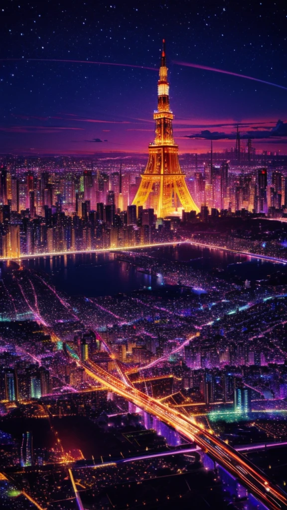 Music score playback、Colorful music playing、 Night view from a high place、Drawing a large number of skyscrapers, Look up at the starry sky. Colorful nebulae and colorful metropolises.((Tokyo Tower))