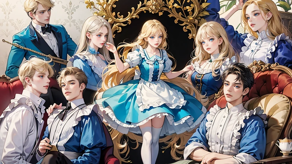 masterpiece, Highest quality, Portraiture, One Girl, (Alice in Wonderland:1.2), Blue clothes, White apron, Blonde, blue eyes, Usagi, Trump, Tea cup, White lace thigh high socks, Miniskirt lift, Half Body, Dynamic pose