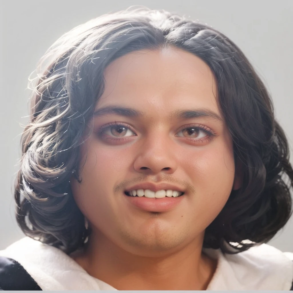 Create an image of a 30 year old indonesian man with long, wavy, black hair. The face is oval-shaped with full cheeks. The eyebrows are thick, black, and slightly arched. The eyes are almond-shaped and dark brown. The nose is medium-sized and straight. The lips are pink and symmetrical, with the mouth slightly open showing neat teeth.
