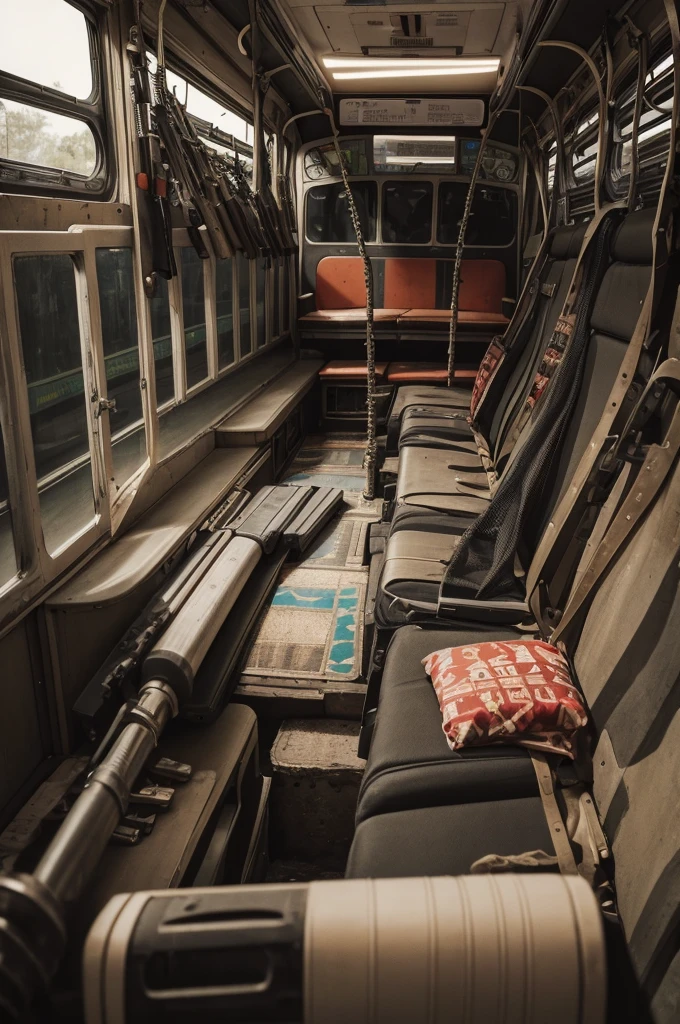 A portrait of a bus,with many weapons ,This bus is full of crazy soldiers, all the soldiers are very crazy and there are lots of weapons