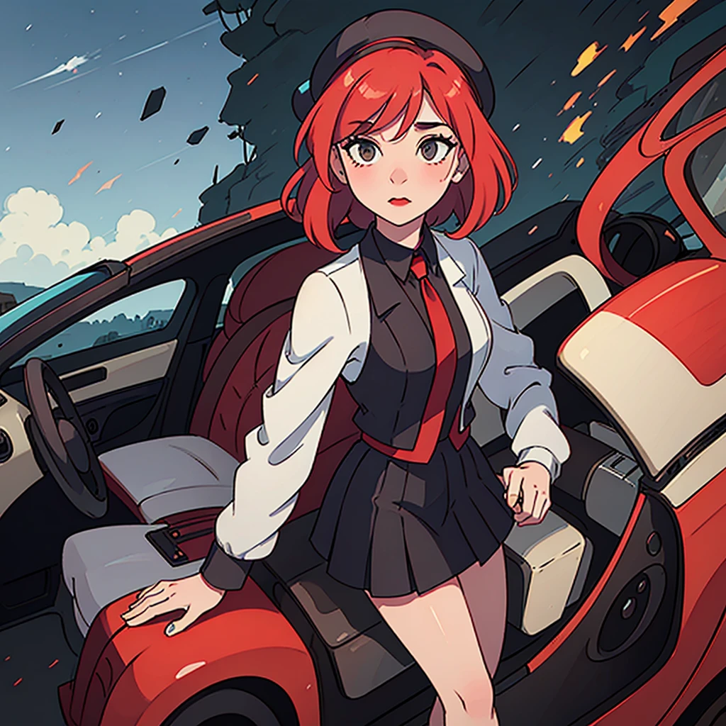 work of art, pale skin, Red lips, clear eyes, ombre, frontal photo of a beautiful red-haired woman with semi-curly hair standing on the street holding a Thompson M1928A1 drum, Behind her, a 1928 Cadillac Town Sedan left green, she wears a mafia suit with red and black colors, Skirt and jacket on the shoulders in mafia style, She also wears a hat, garter holder and high heels, very detailed body, detailed car and clothes, Bright dark, naturallight, highy detailed, she and the car focused on the image