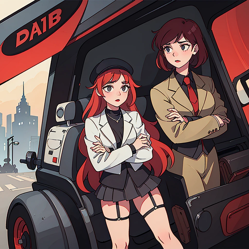 work of art, pale skin, Red lips, clear eyes, ombre, frontal photo of a beautiful red-haired woman with semi-curly hair standing on the street holding a Thompson M1928A1 drum, Behind her, a 1928 Cadillac Town Sedan left green, she wears a mafia suit with red and black colors, Skirt and jacket on the shoulders in mafia style, She also wears a hat, garter holder and high heels, very detailed body, detailed car and clothes, Bright dark, naturallight, highy detailed, she and the car focused on the image