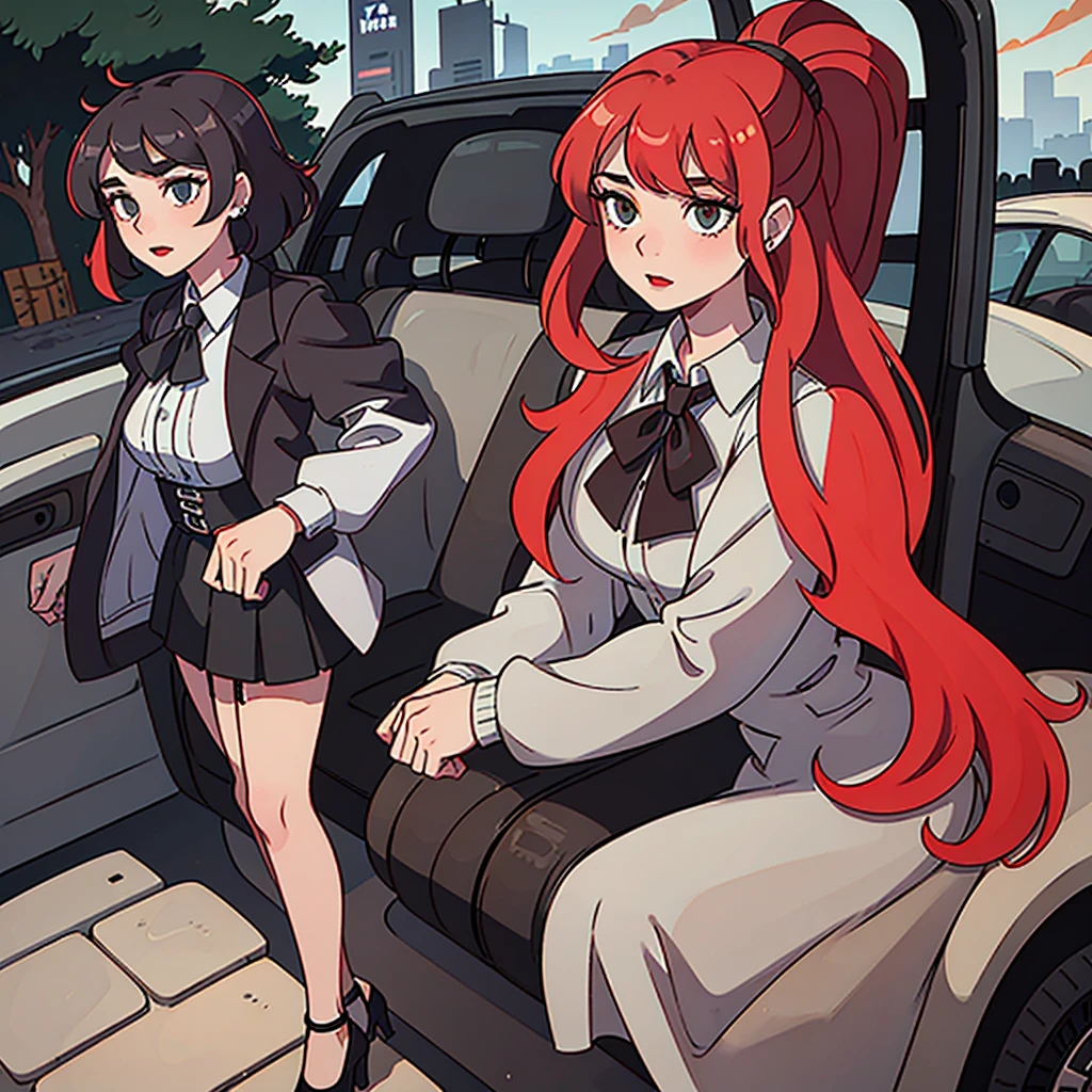 work of art, pale skin, Red lips, clear eyes, ombre, frontal photo of a beautiful red-haired woman with semi-curly hair standing on the street holding a Thompson M1928A1 drum, Behind her, a 1928 Cadillac Town Sedan left green, she wears a mafia suit with red and black colors, Skirt and jacket on the shoulders in mafia style, She also wears a hat, garter holder and high heels, very detailed body, detailed car and clothes, Bright dark, naturallight, highy detailed, she and the car focused on the image
