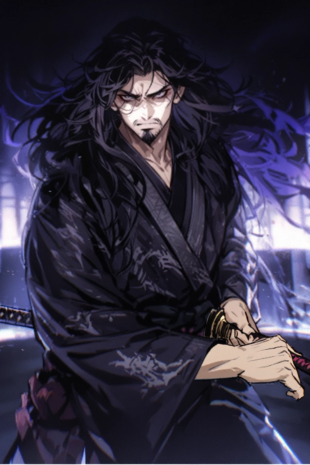 a close up of a person holding a katana in a dark room, evil male sorcerer, portrait of samurai, handsome guy in demon slayer art, dark cloaked necromancer, musashi miyamoto, standing, fighting stance, looking at the viewer, front camera, eye level, handsome, beard, long hair, angry expression, drawing sword pose, a man holding his sword at his side, closed fist holding takana, 1man