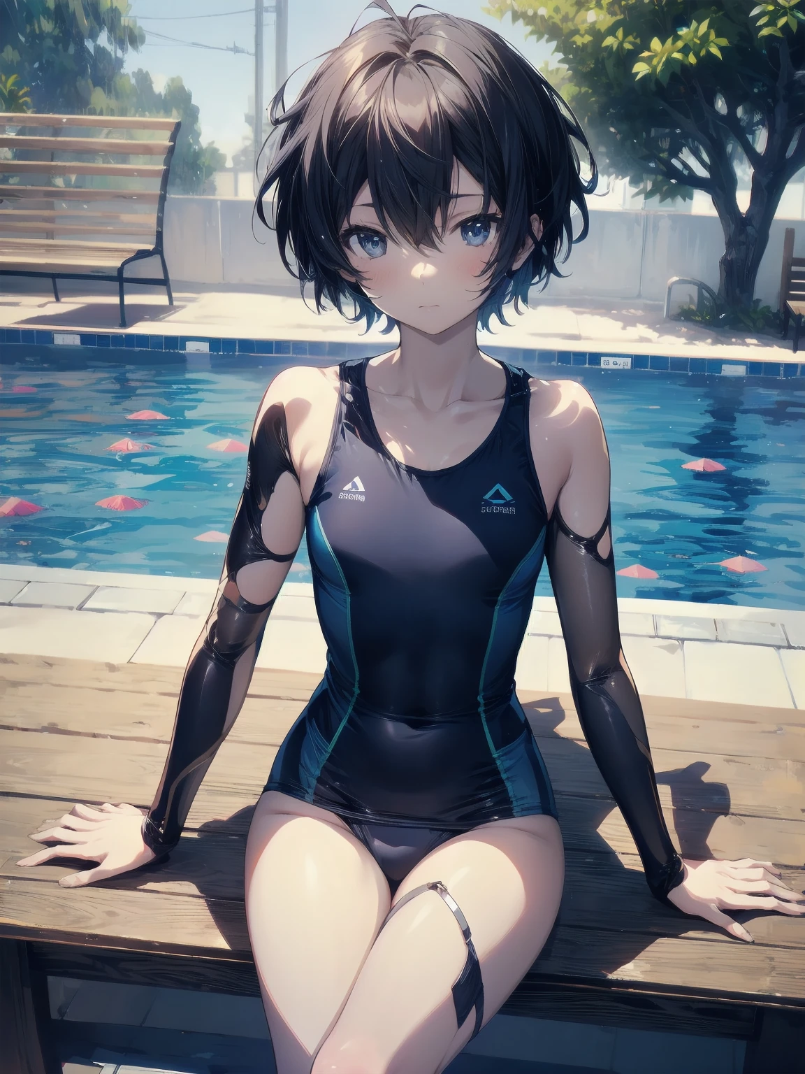 ultra-Top-quality by art God, ultra-detailed, high resolution, shinkai makoto style, anime moe artstyle, best anime 8k konachan wallpaper, pixiv contest winner, perfect anatomy, break,(Please draw a picture of a girl in a swimsuit sitting sleepily on a bench by the poolside alone.),break, a hyperrealistic school girl, (Solo,lolita, , 13-ar-1.3),l limbs, complete fingers, androgynous charm, (very short hair), wet hair, small breasts,slender body, Small butt, groin, Small black eyes,hanme,beautiful detailed eyes, well-proportioned iris and pupils, sleepy eyes, highres detailed hair, swimsuit, wet swimsuit, bare shoulders, thighs, in the school pool. break,super detailed skin, shiny skin, Best lighting powered by famous artist, 8k, illustration,UHD, textured skin,break,((artist:mattaku_mousuke )), artist:clamp ,artist:carnelian ,artist:kantoku ,