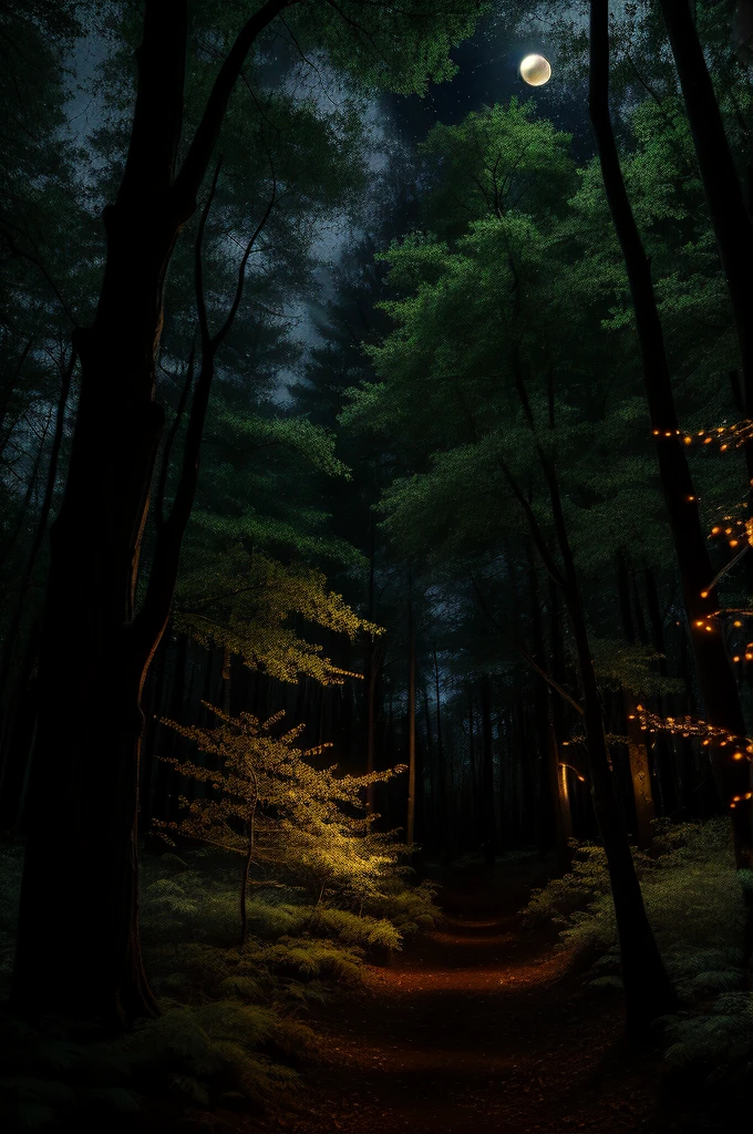 Dark pine forest at night with fireflies, phantasy , cinematic,  high resolution, high-quality , silver moon, dim light,  illuminated dust particles