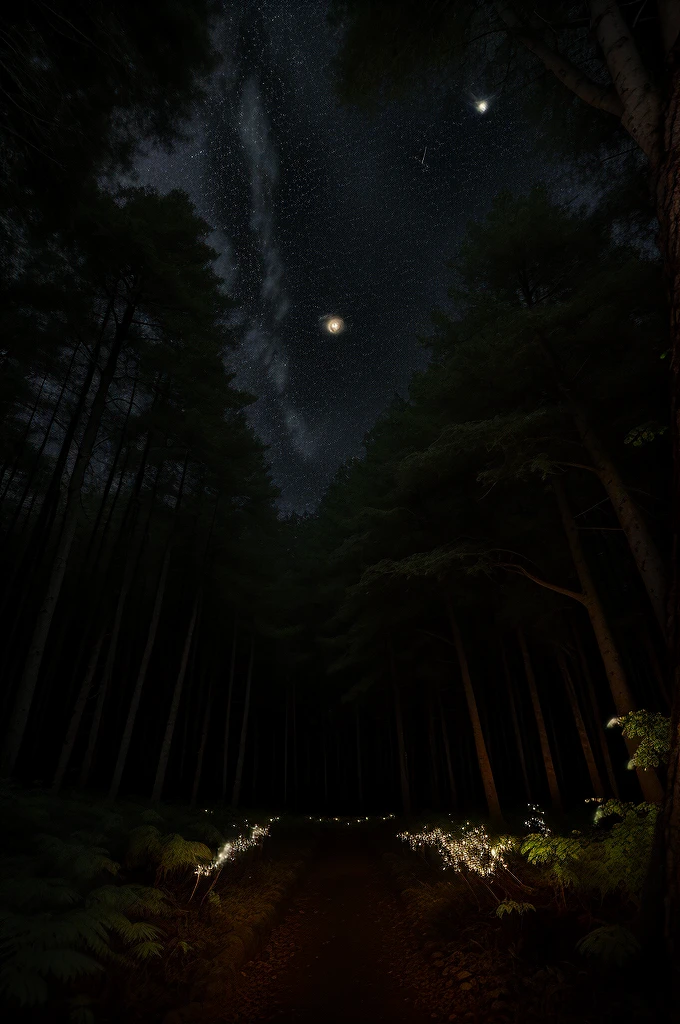 Dark pine forest at night with fireflies, phantasy , cinematic,  high resolution, high-quality , silver moon, dim light,  illuminated dust particles