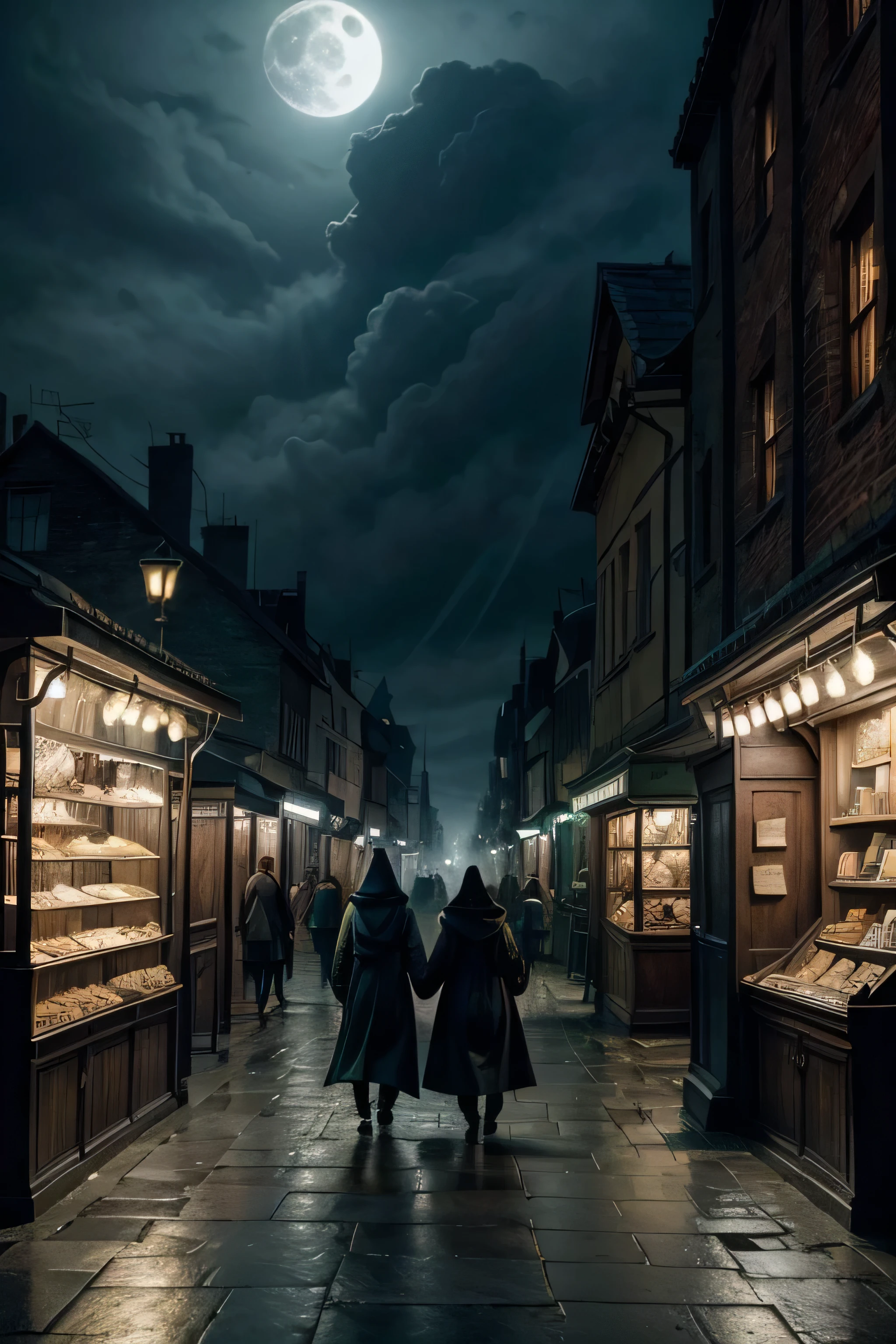 Thematic: City in Dark Time Style: Inspired by the Harry Potter universe, with a dark and magical touch.
enviroment:
Narrow, winding streets, paved with irregular stones.
Ancient and Gothic buildings, with dark brick facades, stained glass windows and peaked roofs.
Gas lamps emanating a dim and mysterious light, casting dancing shadows on walls.
magic elements, like animated signs, wands shining in the distance, and magical creatures lurking in the shadows.
cloudy sky, with dark and menacing clouds, maybe a partially visible full moon.
Specific Details:
atmosphere: A light fog covering the streets, increasing the sense of mystery and danger.
Elementos visuais:
Posters "Wanted" for known wizards and witches.
Secret doors and hidden passages.
Market stalls selling magical ingredients and ancient artifacts.
Personagens: Hooded figures walking through the streets, maybe a dementor hovering in the distance.
colors: Dark and gloomy color palette, with touches of emerald green, deep purple and silver.