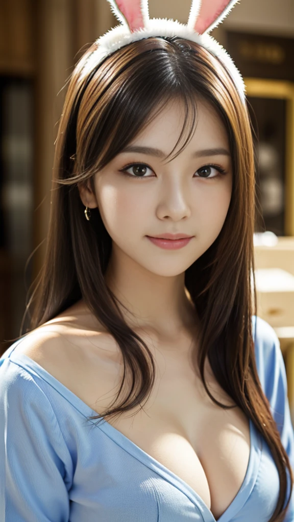 masterpiece, Highest quality, Realistic, High-definition CG incorporating 8K, 8K,(Very beautiful face, Beautiful Lips, Beautiful Eyes), Exquisitely detailed face,1 Girl, Very beautiful girl,Exquisite eye makeup,Subtle eye detail,The best example of four fingers and one thumb,Toned figure,Nice and beautiful smile,明るいLong Hair,transparent, Quality hair,(masterpiece, Highest quality:1.2),alone,The eyes are exquisite and delicate,Brown Hair、Long Hair、Pink Lips,blue eyes,Big Breasts、Wavy Hair、(((Bunny girl、Pub)))、Japanese、25-year-old female