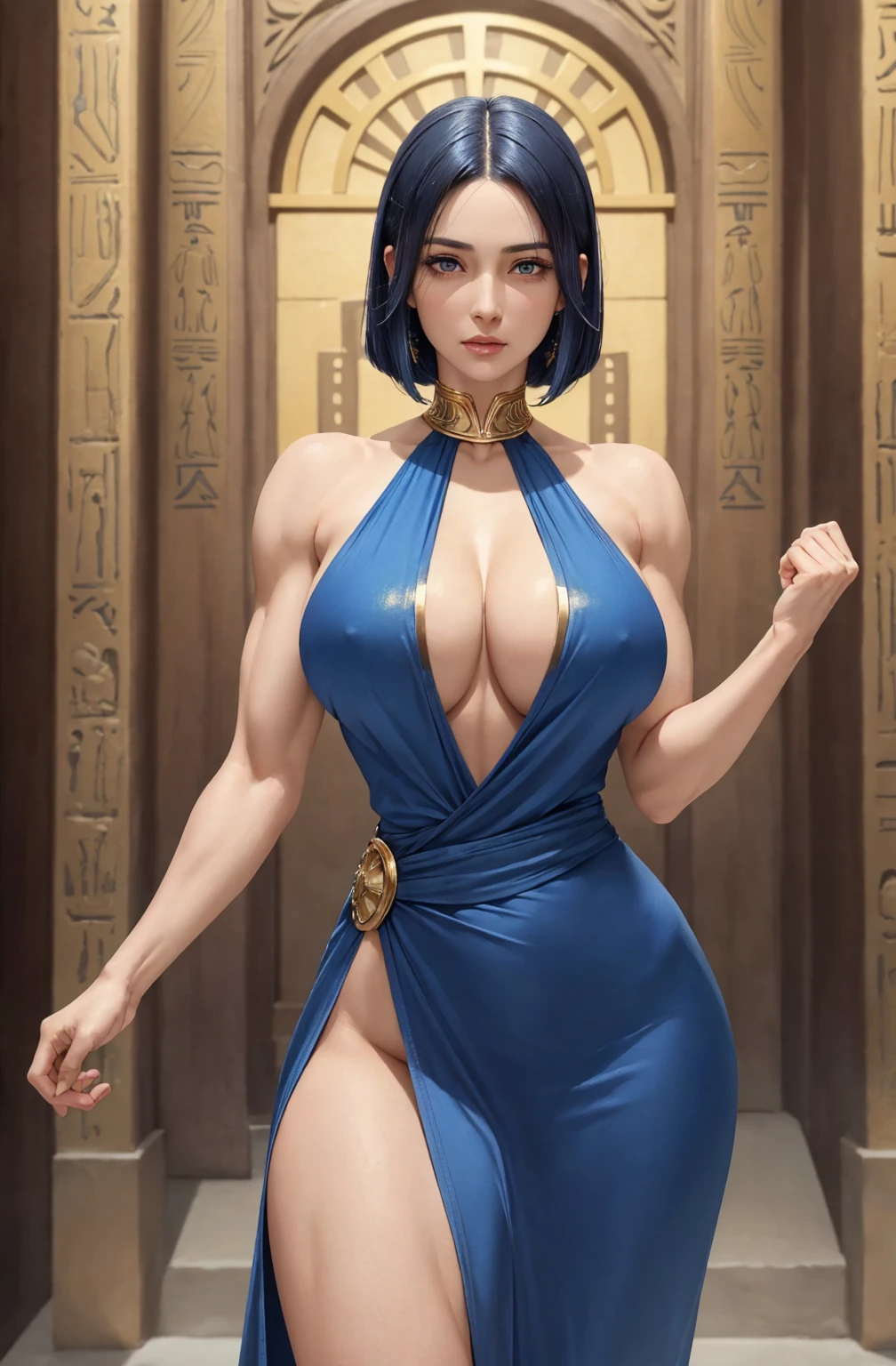 (muscular woman:1.2),30 years old,(milf:1.2),(Large Breasts:1.2),Long legs,Big breasts and thin waist, tall, dark-blue hair bob hairstyle, wearing (full:1.2) blue dress with golden decorations, epic ancient egypt feudal,,stand up,Front view, OK,(((masterpiece),(Highly detailed CG Unity 8k wallpaper),Best quality,Light,Detailed background,beautiful eyes,(very delicate and beautiful),(Beautiful and detailed description of the eyes),Ultra Detailed,masterpiece,)),face camera,high resolution,Ultra Detailed)