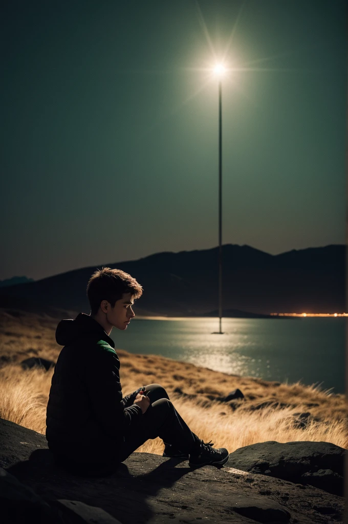 Solitary Man, sitting on the edge of a dark abyss, black edges, twilight, cold and black colors, little more clarity in man, 3 lights shining in the sky in front of the man, a red one, another golden and another green in miscegenation
