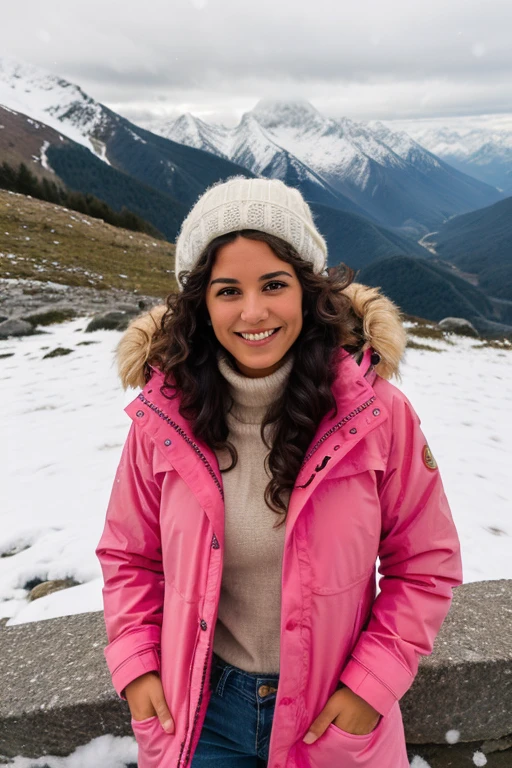 ((mejor calidad)), ((Obra maestra)), (detallado), 1 women, 25 years old, tanned-like skin, curly long hair, blue eyes, wearing a pink shirt, wearing a larg winter jacket and long oversize pants , on the peak of a mountain, snowing weather, smiling