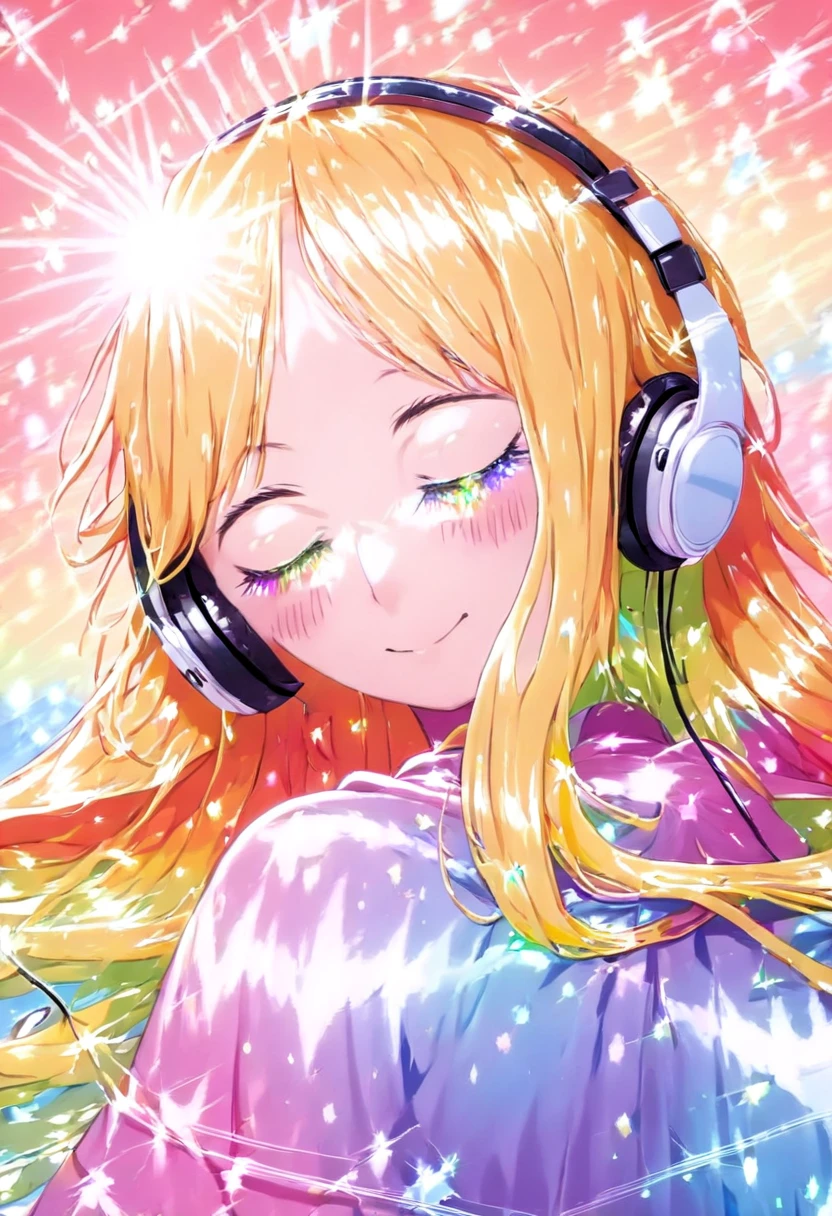 (highest quality)、(masterpiece:1.2)、(colorful:0.9)、(color scattering), High resolution, ((highest quality)), (Super detailed), (beautiful), alone, beautiful face、(Detailed cute woman laying on a fluffy cloud, nude, in the night sky with twinkling stars and a beautiful glowing moon, listening to music with headphones on and happily closing her eyes:1.3)、(Colorful long shiny blonde hair:1.2),colorful eyes,dramatic、pastel colour