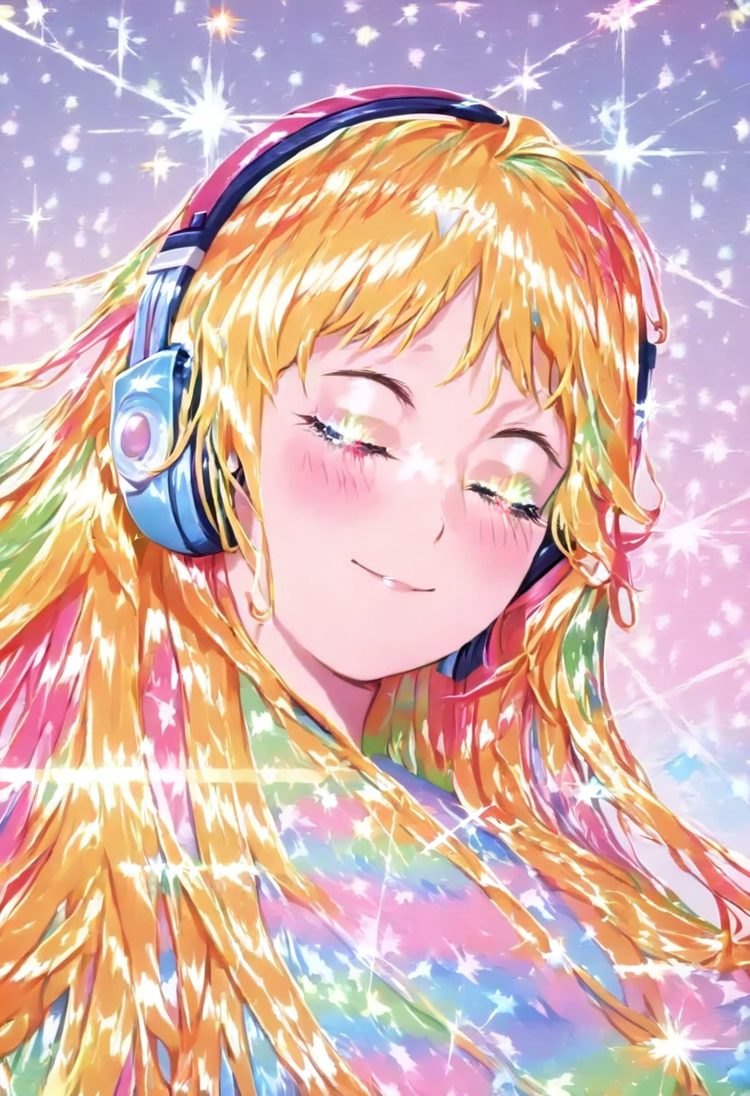 (highest quality)、(masterpiece:1.2)、(colorful:0.9)、(color scattering), High resolution, ((highest quality)), (Super detailed), (beautiful), alone, beautiful face、(Detailed cute woman laying on a fluffy cloud, nude, in the night sky with twinkling stars and a beautiful glowing moon, listening to music with headphones on and happily closing her eyes:1.3)、(Colorful long shiny blonde hair:1.2),colorful eyes,dramatic、pastel colour