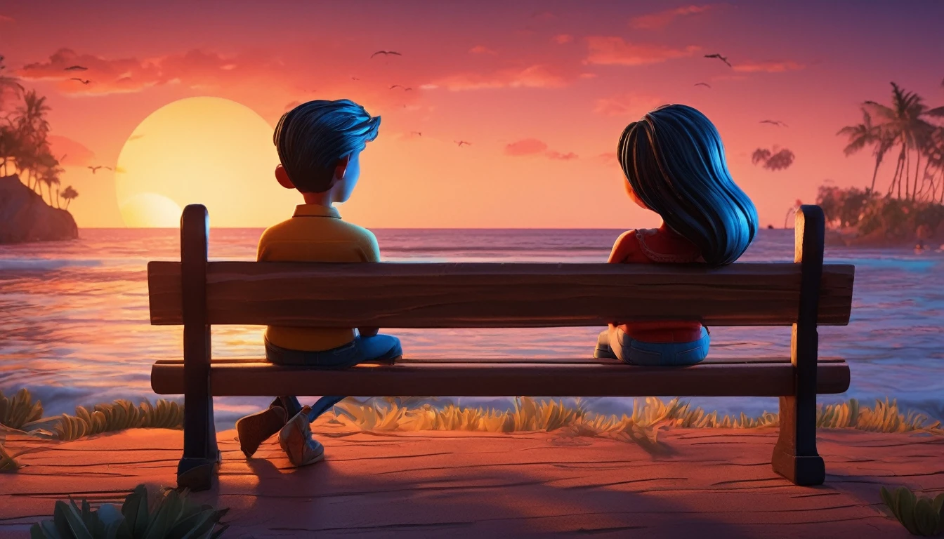 A vibrant 3D cartoon style full-body caricature with a big head, rendered in exquisite detail, depicts a young couple sitting cozily on a weathered black wooden bench, surrounded by a warm reddish-blue atmosphere reminiscent of a picturesque evening sky. Soft, golden photographic lighting casts a flattering glow, accentuating the duo's excited expressions. With an exaggerated, Unreal Engine-inspired aesthetic, the image pops with a vibrant color palette, while the subtle ring light adds depth and dimensionality, evoking the cinematic quality of a Pixar animation.